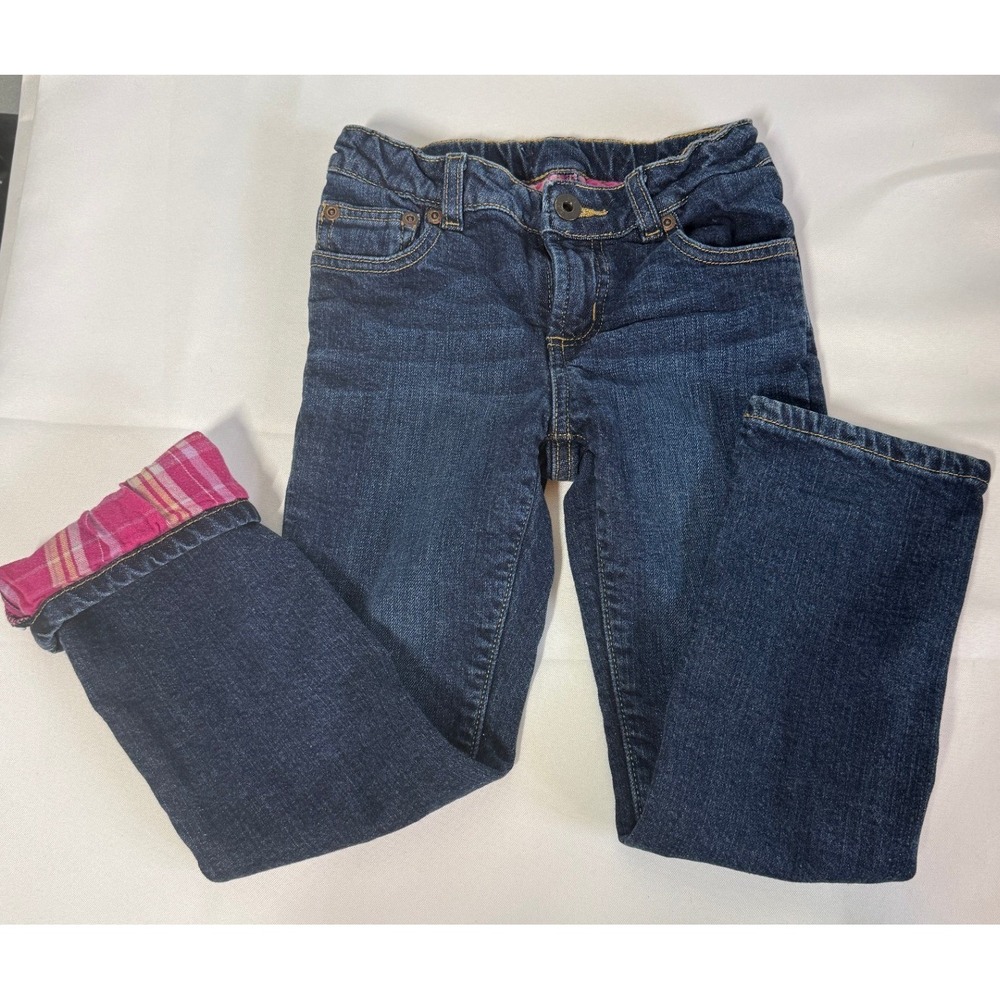 LL Bean Girls Jeans 5/6 Flannel Lined Pink Plaid Straight Leg Adjustable Waist